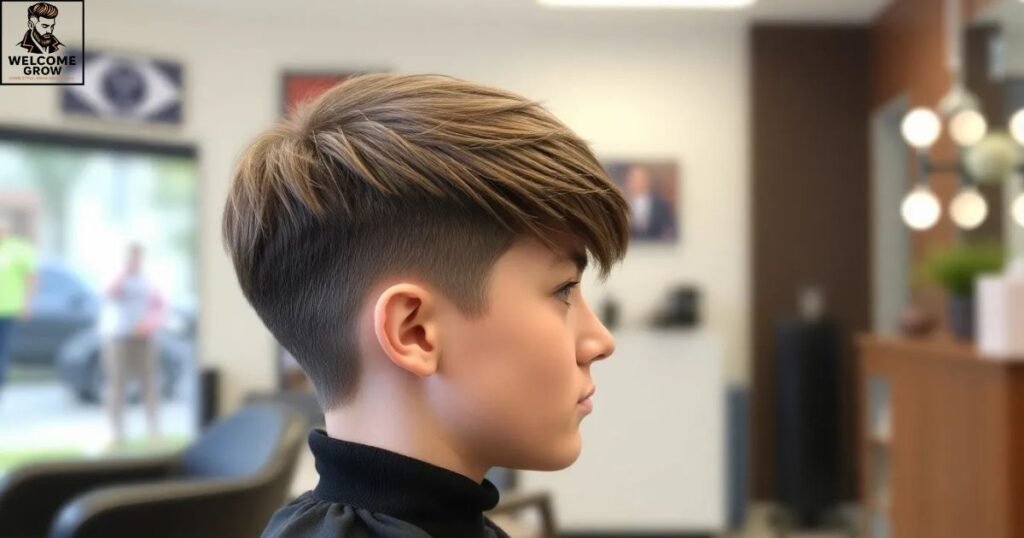 Angular fringe two block haircut with sharp, side-swept bangs