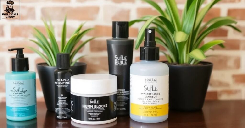 Hair styling products (clay, wax, pomade) laid out for two block haircut