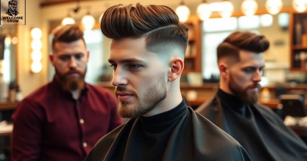 Brushed up two block haircut with voluminous top styling