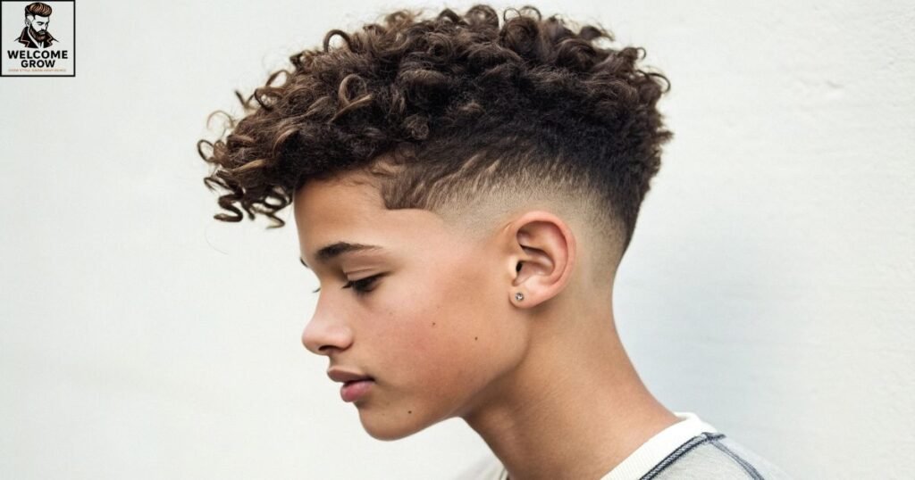 Burst fade haircut for teens with curly textured top