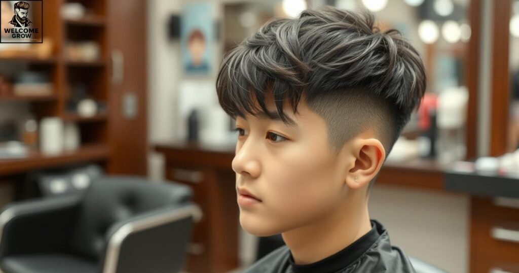 Comma two block haircut with signature curved fringe