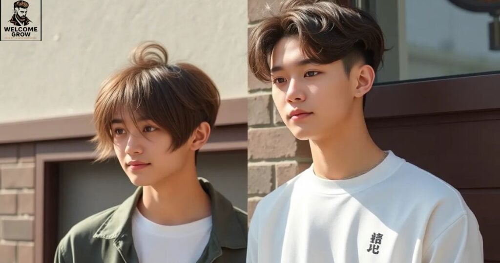 Two block curtain hairstyle with center parted fringe