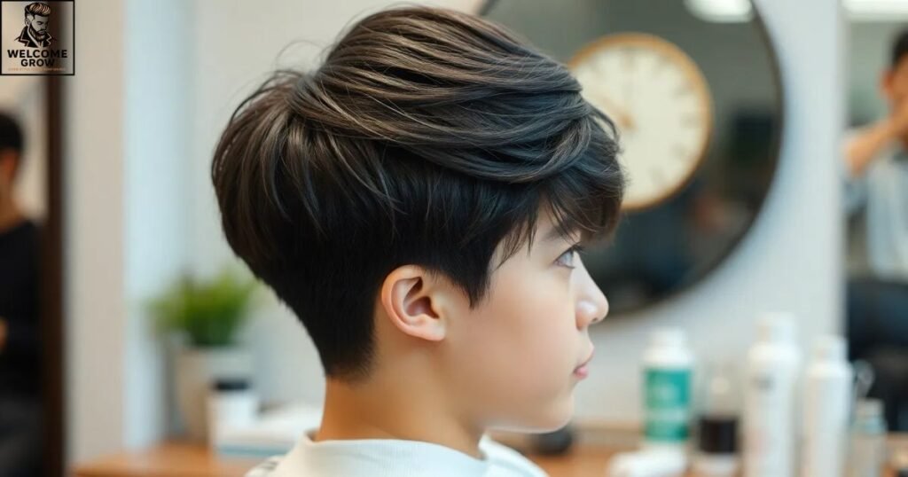 Two block haircut with smooth down perm for sleek sides