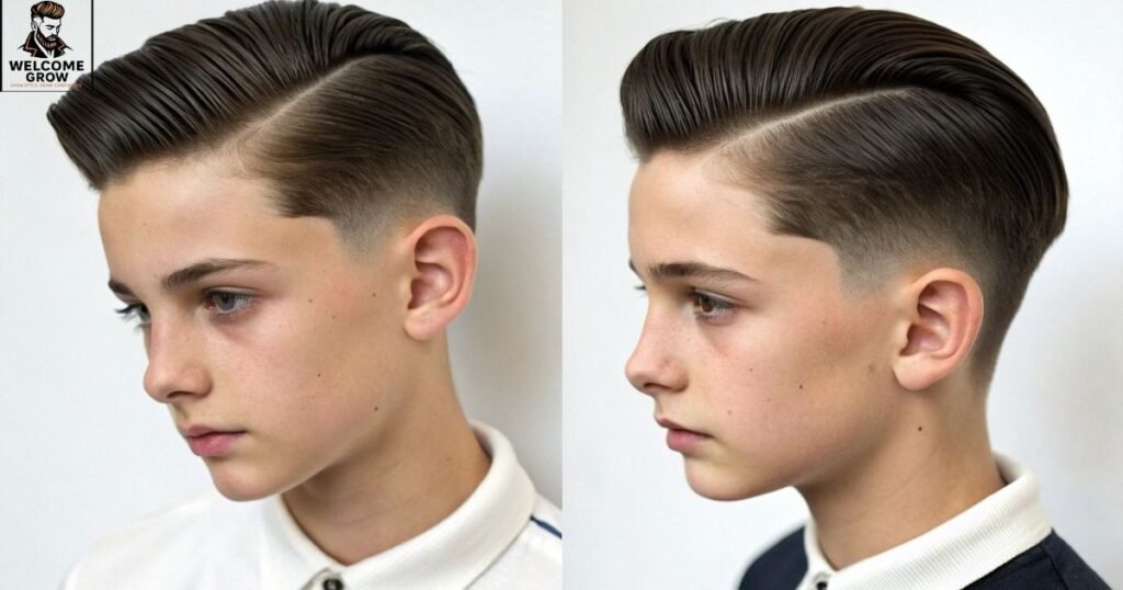Slicked back two block haircut with polished finish