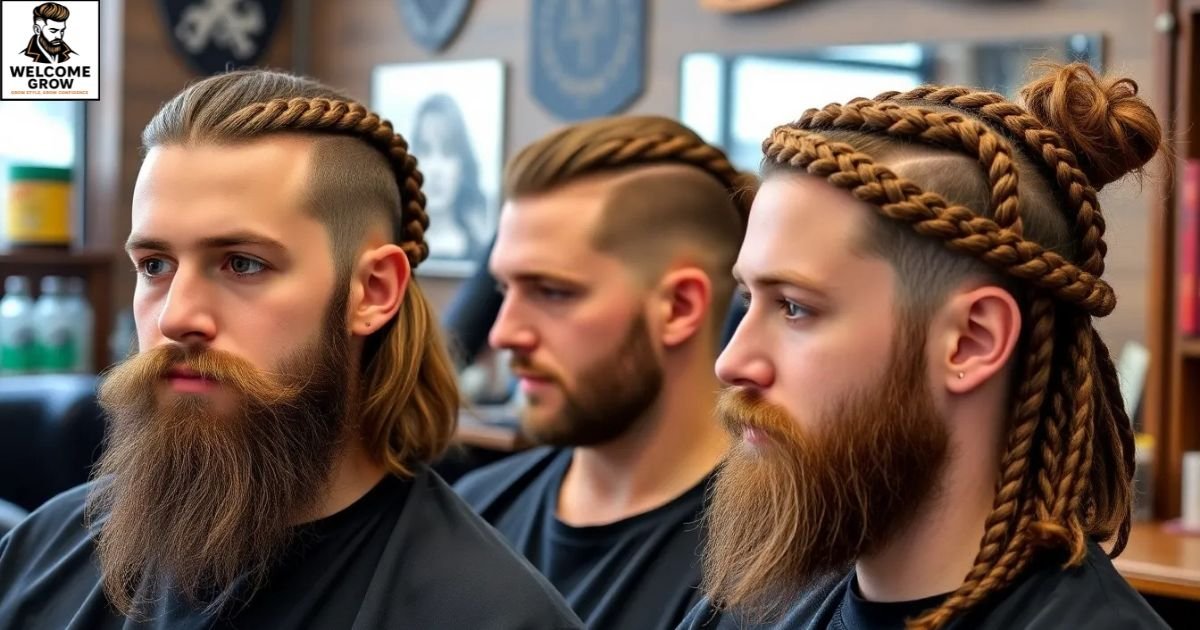 Beard and braided strands surfer hairstyles for men