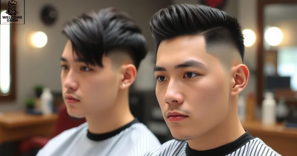 Thick two block haircut with a clean mid fade