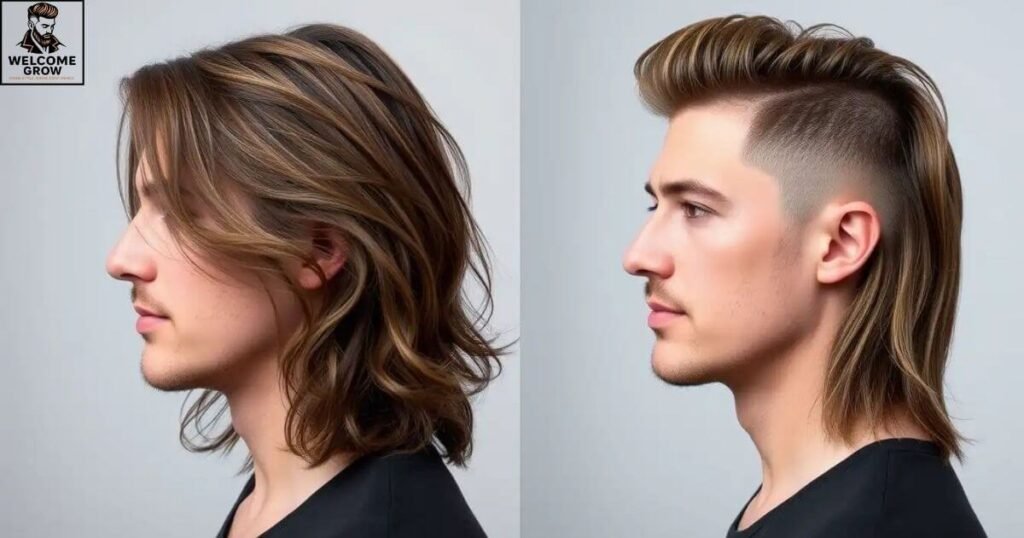 Before and after transformation showing finished modern mullet