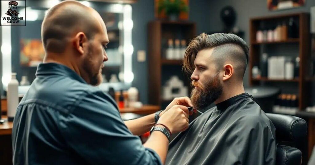 Client and barber discussing mullet options with reference photos