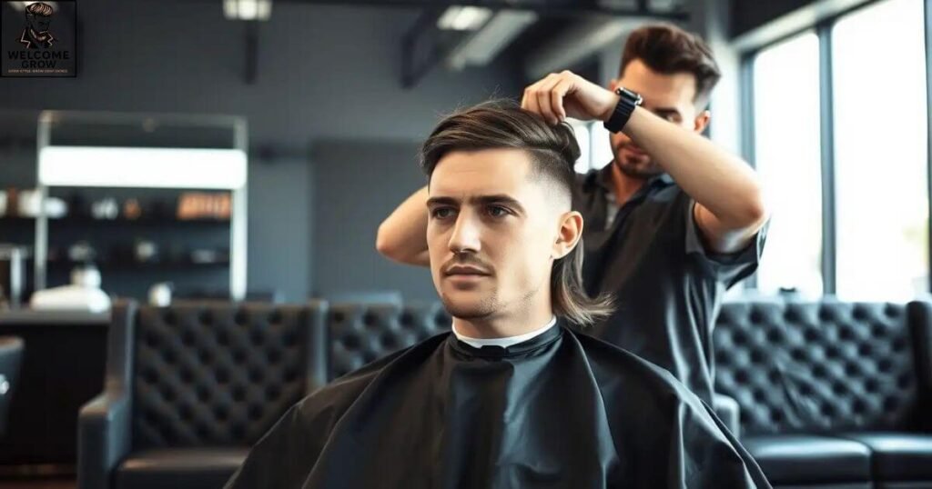 Barber cutting modern mullet with scissors and clippers in salon