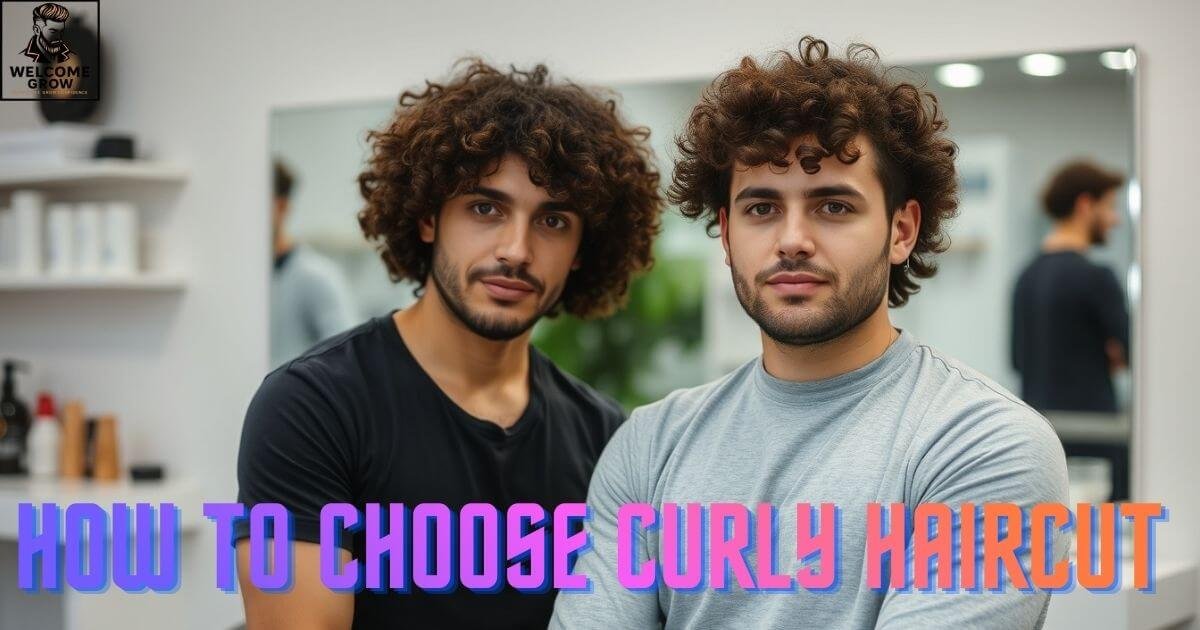 A men's curly haircut style guide showing different curl types and recommended cuts for curly-haired men